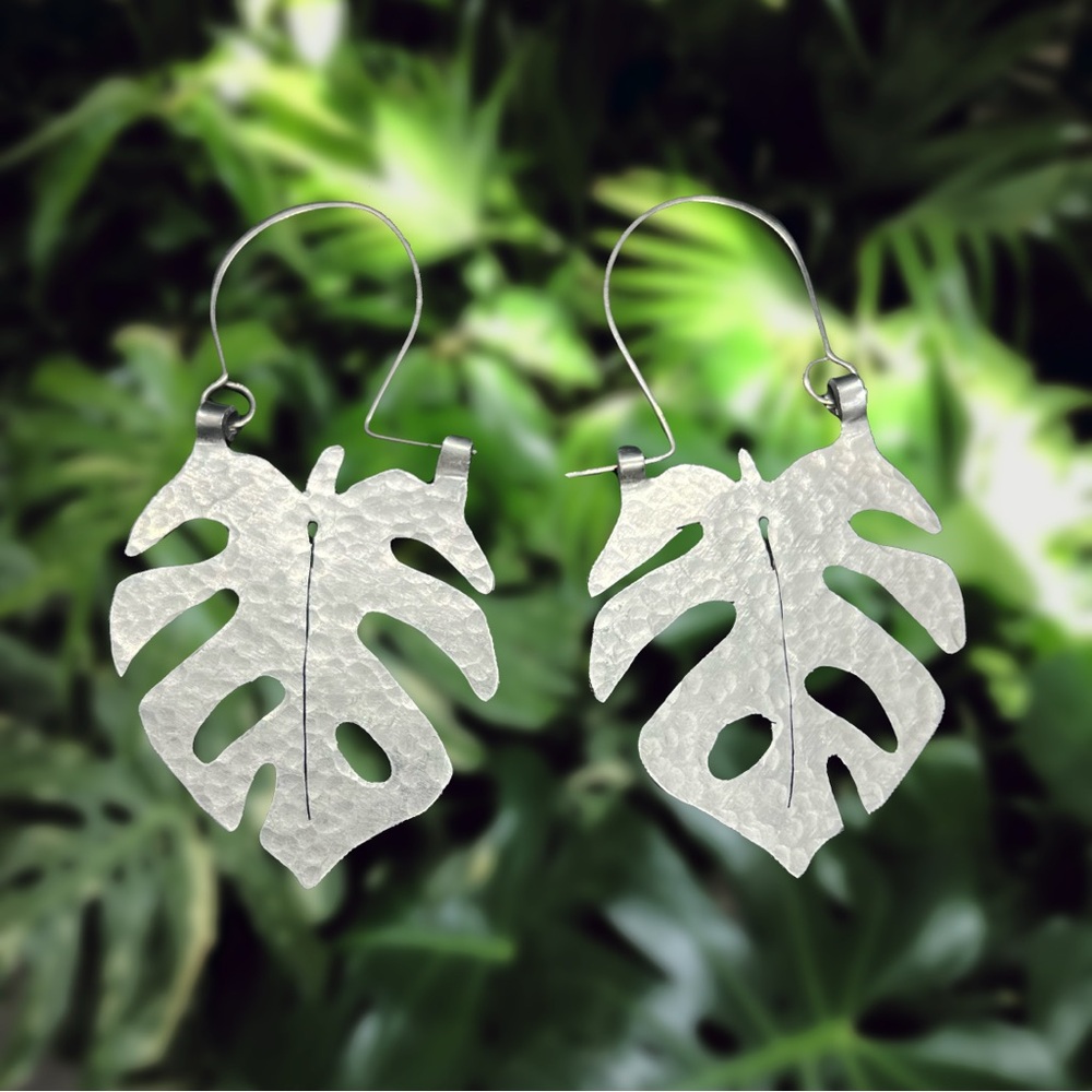 MONSTERA LEAVES Silver Hoop Earrings